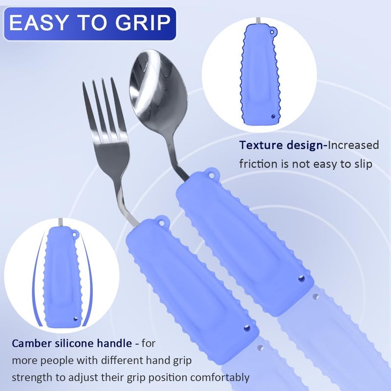 Ehucon Adaptive Utensils,Curved Angled Spoon and Fork Set,for Tremors Parkinsons Limited or Elderly,Lightweight Cutlery with Non-Slip Easy Grip Handles - Image 2